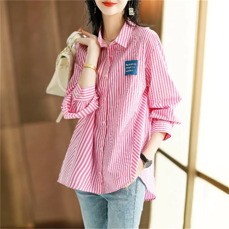 

Vertical Striped Shirt for Women Blouse Summer Clothes Large Size Loose Pocket Patch Shirt Women's Top Thin Blous