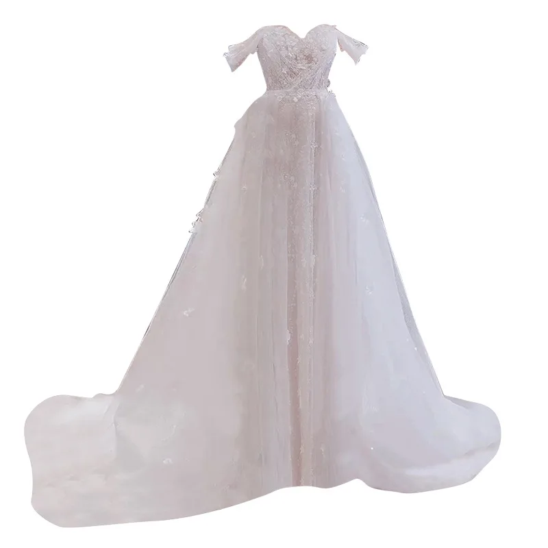Sposa Applique bianca lunga una linea abiti da sposa in Tulle con spalle scoperte abiti da ballo Sexy abito da festa formale