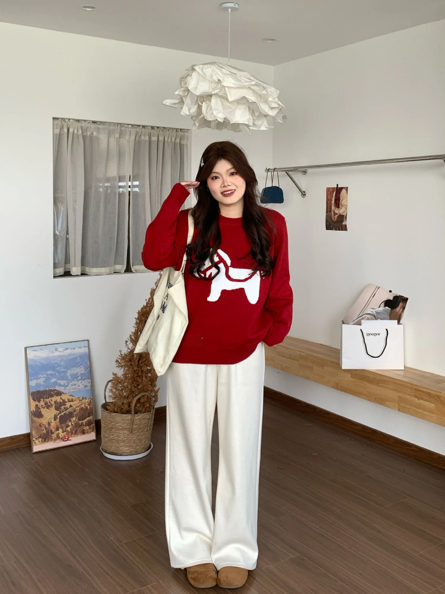 

Красный свитер с цветочным узором и мягкими рукавами, модный теплый вязаный свитер с длинными рукавами для девочек на 2026 год (Год Вороты Удачи)