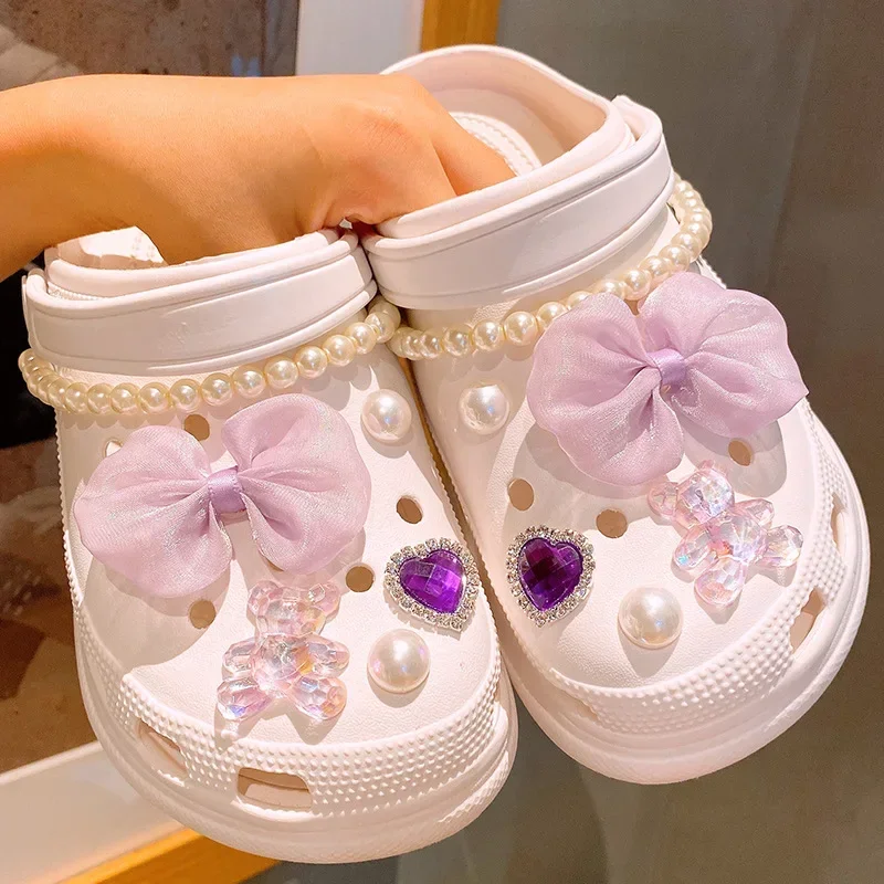 1 Set Fashion Pearl Bow Shoe Charms Set Pearl Shoes Chain Advanced Shoe Decorations DIY Detachable Buckle Shoes Accessories New