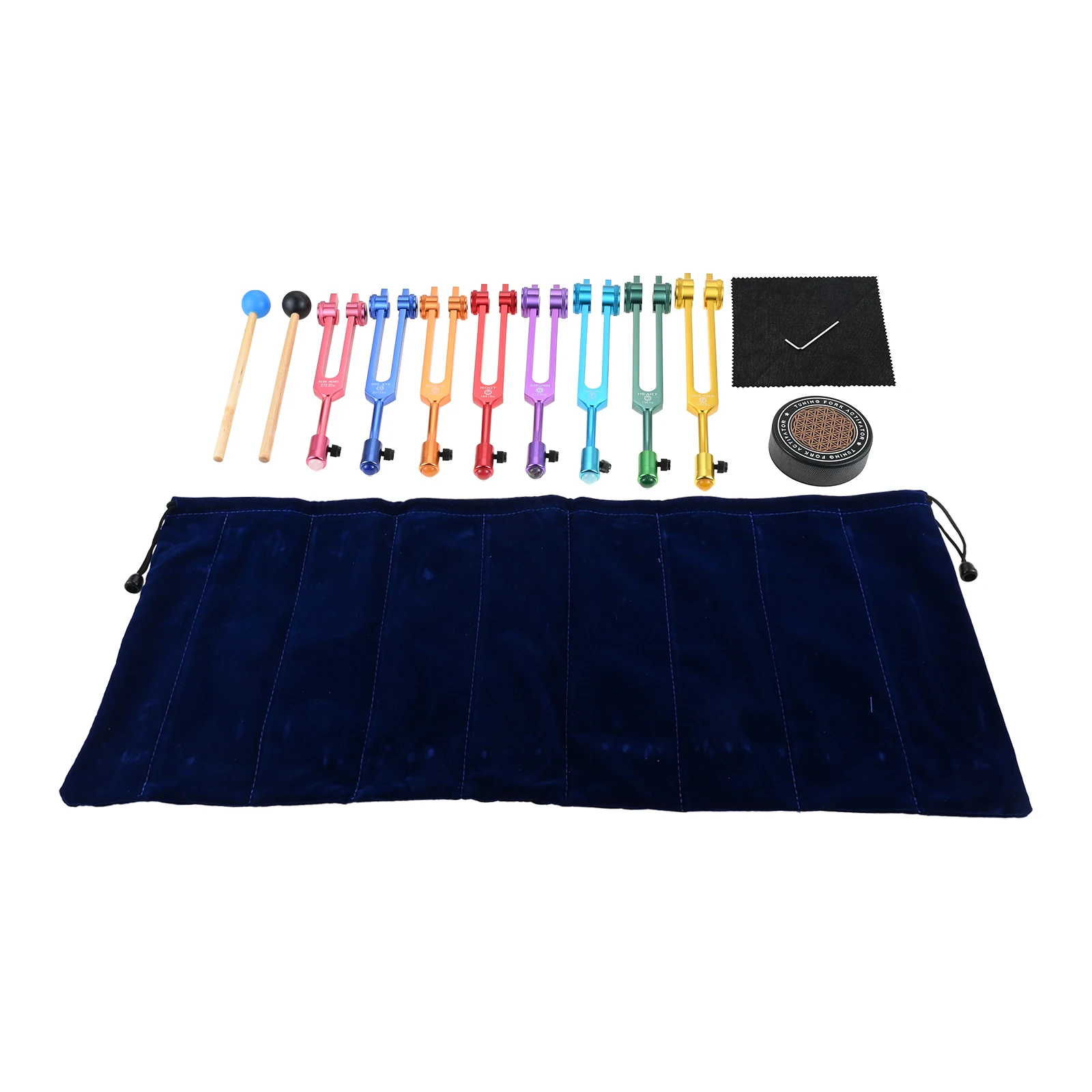 8pc Aluminum Alloy Tuning Fork Sound Healing Set 126.22/136.1/141.27/172.06/194.18/210.42/221.23/272.2Hz W/Tuning Fork Activator