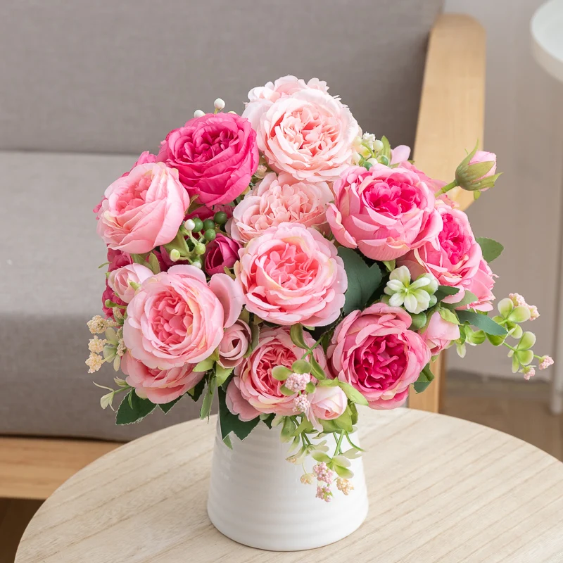 30cm Rose Pink Artificial Flowers Silk Peony Bride Big Bouquet Indoor Wedding Home Party Room Decoration DIY Gift Decoration