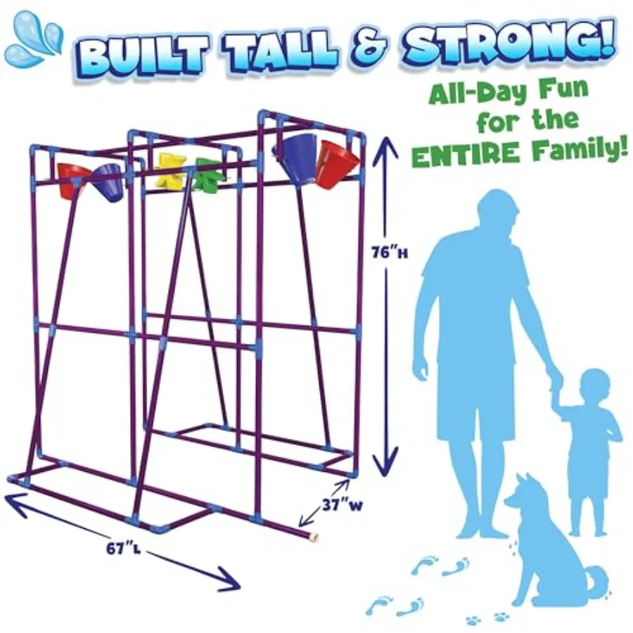 Outdoor water play structure for kids: PU material blue and yellow splash wheels + sprinkler + water buckets for backyard summe