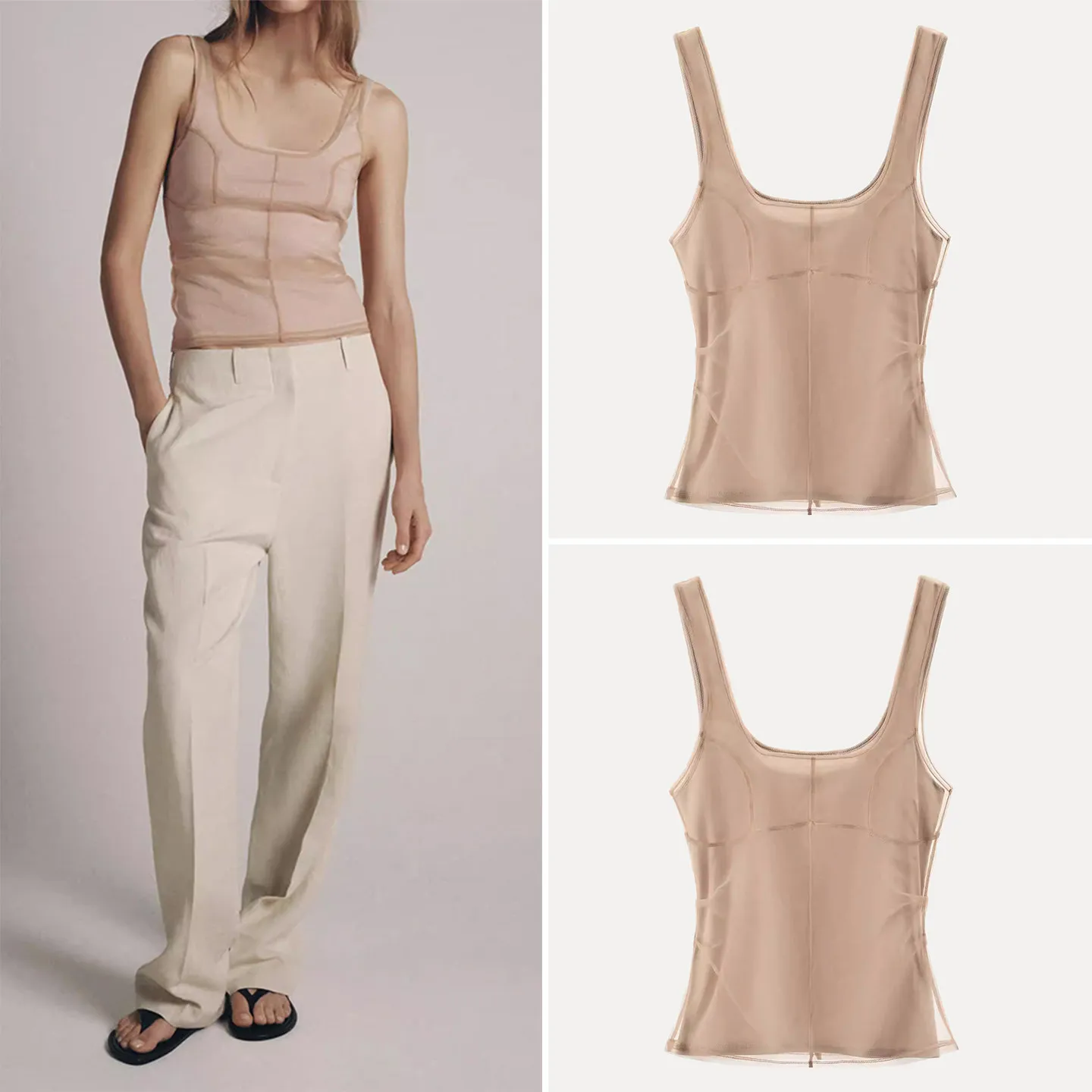 Fashionable round Neck Wide Shoulder Strap Seamed Line Silk Women's Top ZADATA Brand Outerwear Short Length Slim Fit Style