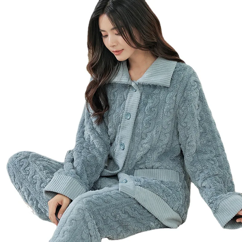 

New Women's Cardigan Pajamas Super Thick Comfortable Coral Fleece Warm Middle Collar Long Sleeves Pajamas Women's Suit