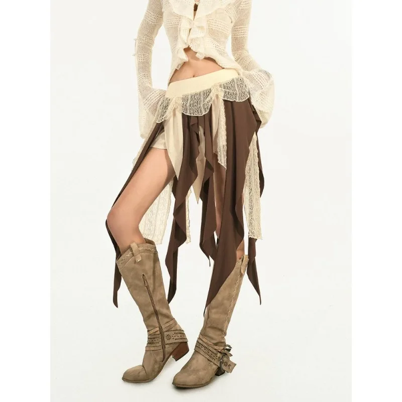 Spódnica damska w stylu koreańskim, patchworkowa, z koronką, kontrastującymi wstążkami, wysoki stan, wyszczuplająca, asymetryczna, niszowy design.