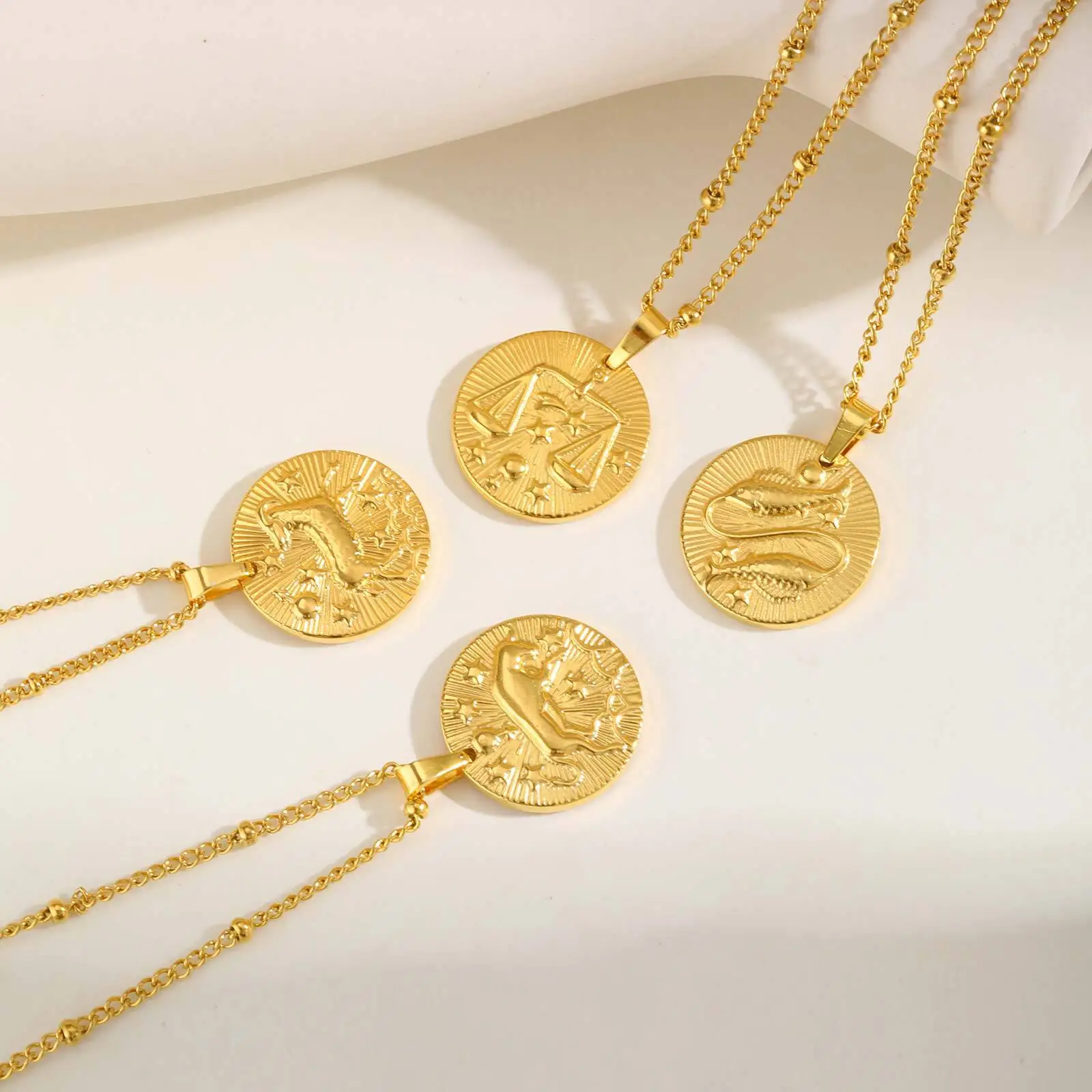 Stainless Steel Zodiac Constellation Necklace for Women, Amulet Round Coin Pendant Vintage Jewelry Birthday Gift - Image 4
