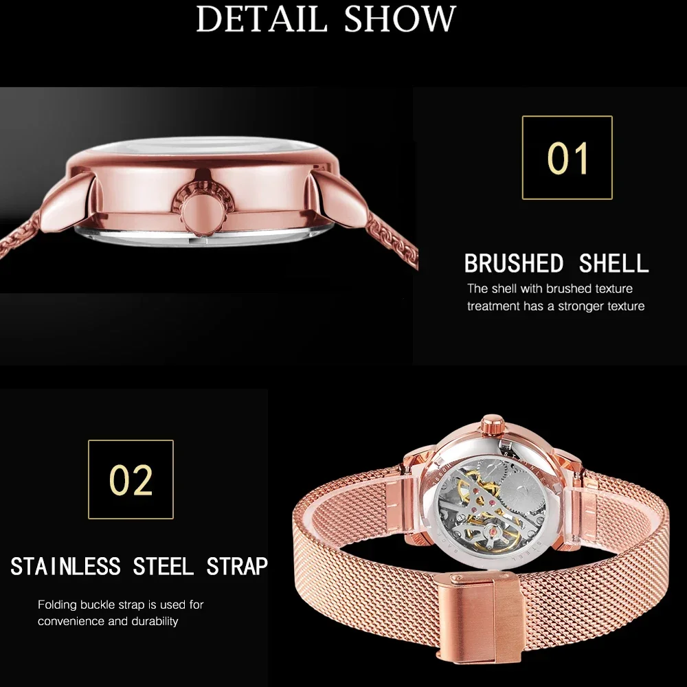 ساعات نسائية كلاسيكية أنيقة من FORSINING ساعات يد ميكانيكية ذات هيكل عظمي وأرقام رومانية وحزام شبكي ماركة فاخرة