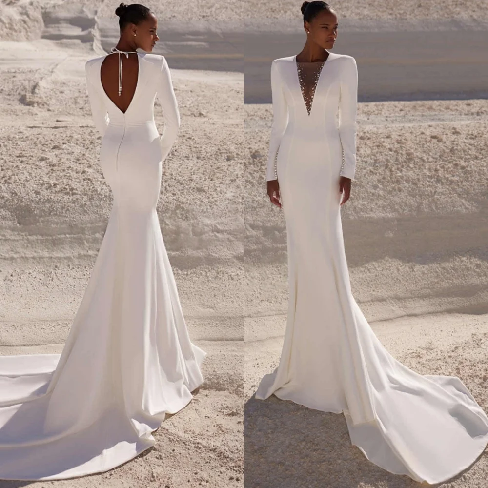 Robes de mariée sirène personnalisées en Jersey blanc, col en v exquis, manches longues, traîne Court, robes de mariée de l'industrie lourde