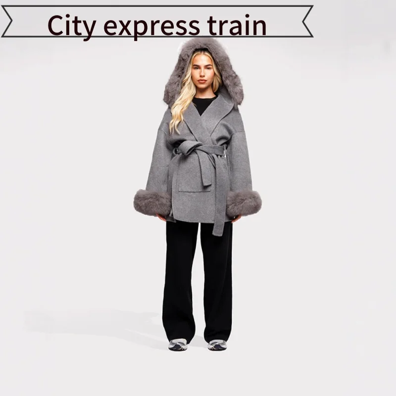 

Sli Belted Cardigan American Sle Autumn Winter Women's Sweater Slim Fit Hooded Coat Pure Color Commute Lady Long Sve