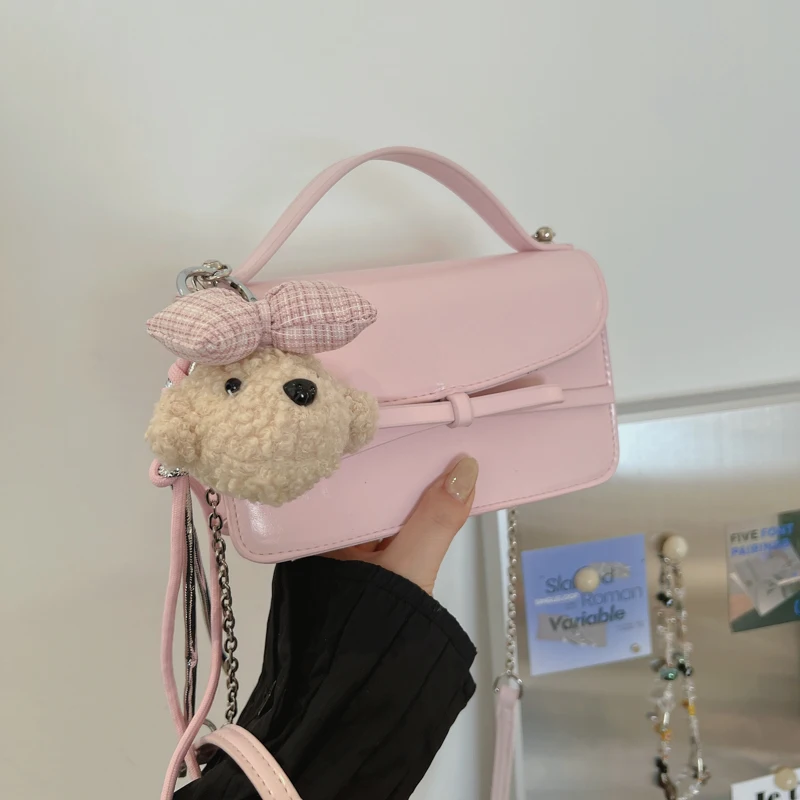 

Маленькая сумка-сэтчел с милым бантом, трансформируемая сумка с плюшевым брелоком-мишкой, сумка через плечо из искусственной кожи с цепочкой