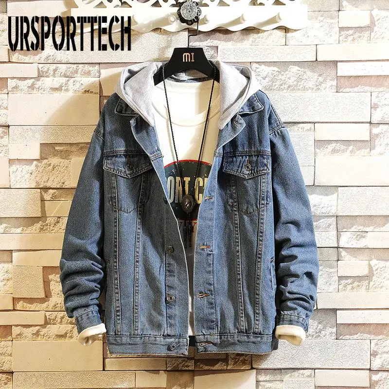 

Spring Autumn Men Hooded Denim Jacket Casual Men Jean Jackets Streetwear Solid Color Turn Down Collar Denim Coats Men Jacktes