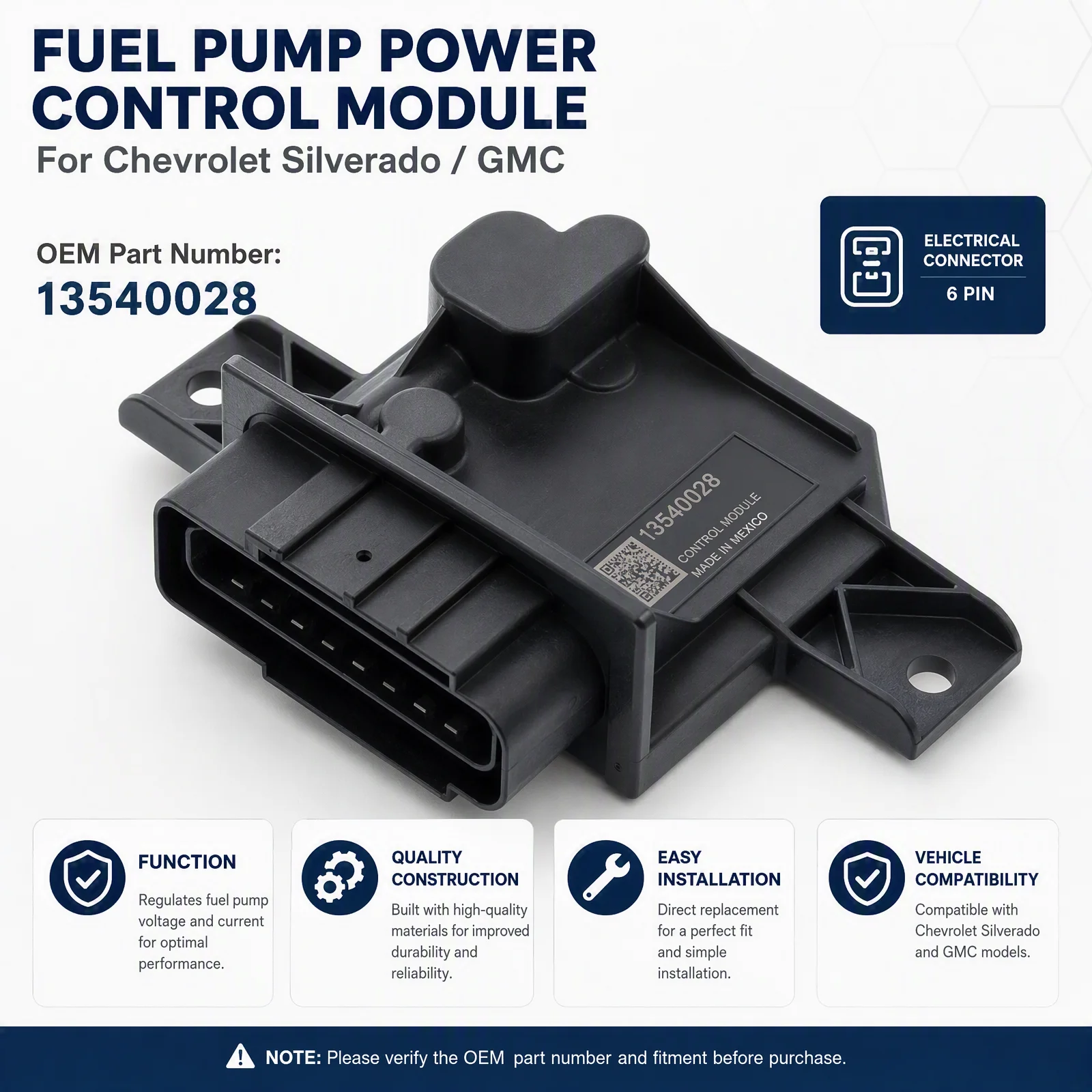 Fuel Pump Power Control Module for Chevy Silverado Gmc Sierra, 2019-2022 Chevrolet Silverado and Gmc Sierra Oe/Oem Part Number: 13537053