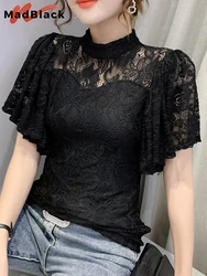 MadBlack Summer European Clothes T-Shirt Chic Sexy Lace Hollow Out Women Tops Short Flare Sleeve 2022 Casual Solid Tees T23004X