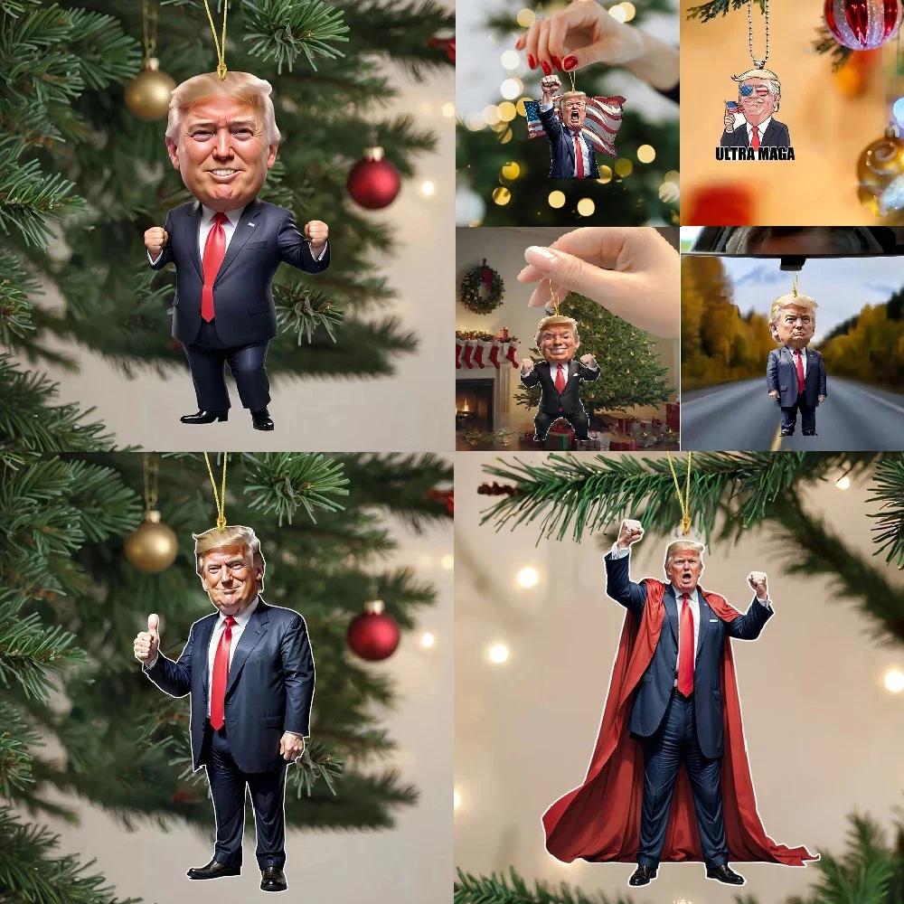 Lustiger interessanter Donald Trump-Cartoon-Anhänger aus Acryl, lustiger Trump-Anhänger, Schlüsselanhänger mit Auto-Puppe, hängender Weihnachtsbaum-Anhänger