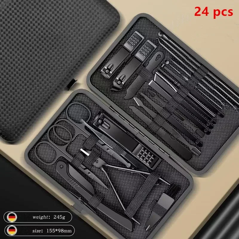 24pcs/set Black Manicure Cutters Nail Clipper Set Household Stainless Steel Ear Spoon Pedicure Scissors Tool For Beauty