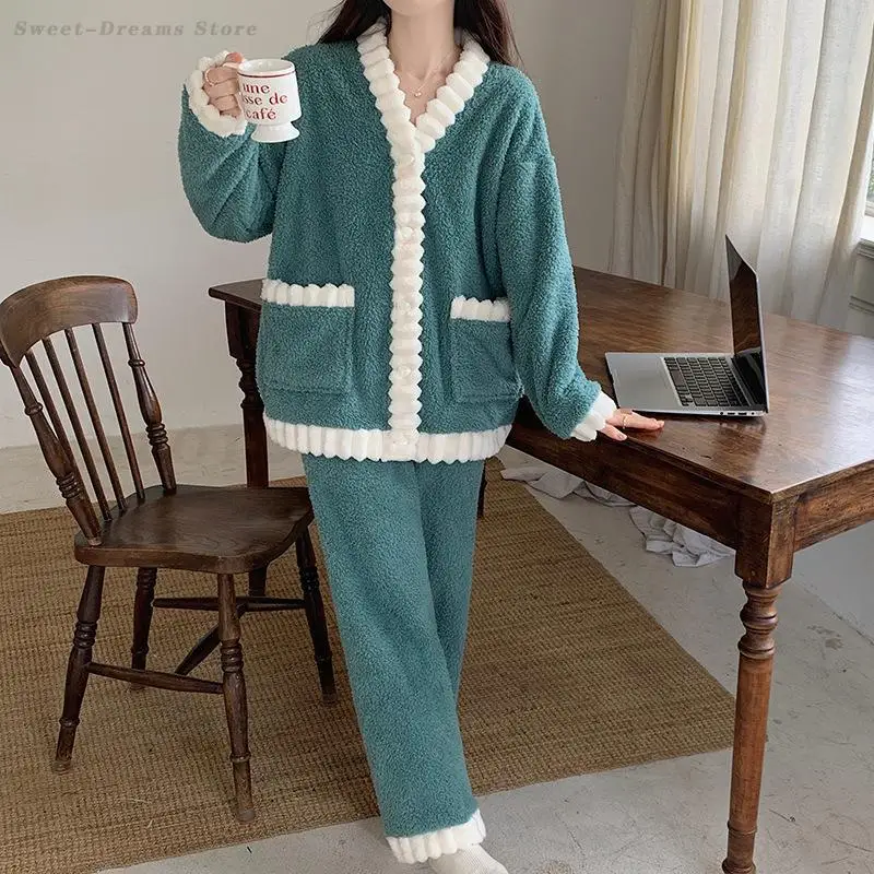 

Sexy V-Neck Long Sleeved Trouser Pajamas Set Autumn Winter Flannel Loungewear Sleepwear Thicken Coral Fleece Homewear Loungewear