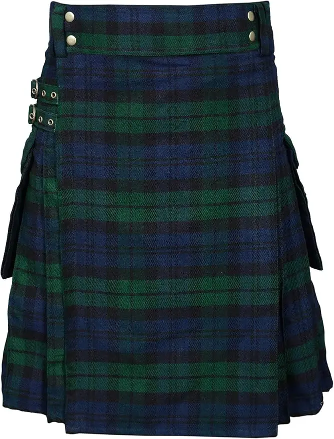 High Quality Fashion Men Cool Pocket Kilts Solid Color Gothic Kilt Vintage Warrior Cargo Kilt Metal Belt Pleated Skirt