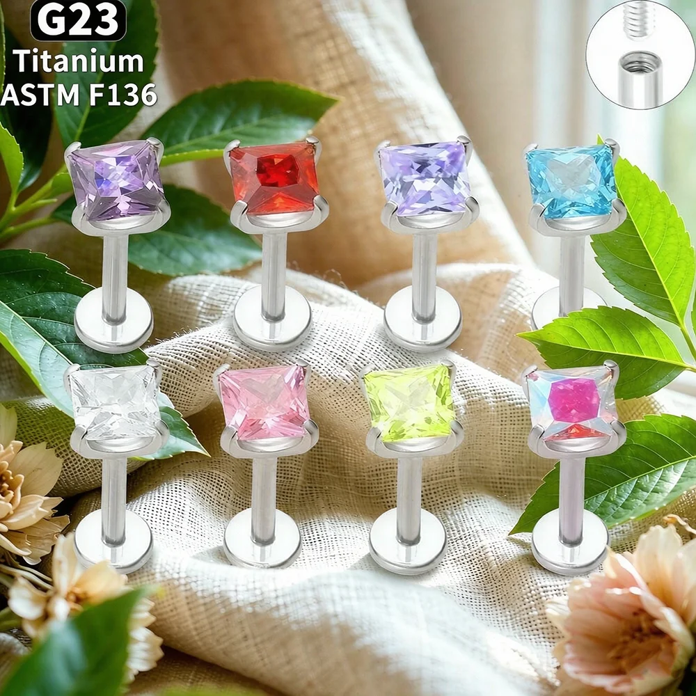 G23 Titanium Internal Thread 16G Square Labret Rings Nose Stud Tragus Helix Cartilage Earrings 5A CZ Jewelry for Body Piercing