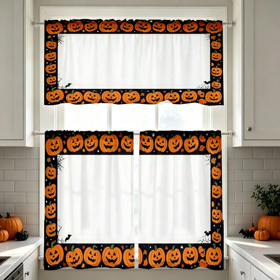 Halloween Fall Kitchen Curtains, Pumpkin Bat Border, Digital Print, Kitchen Dining Room, Rod Pocket Polyester, Home Decor