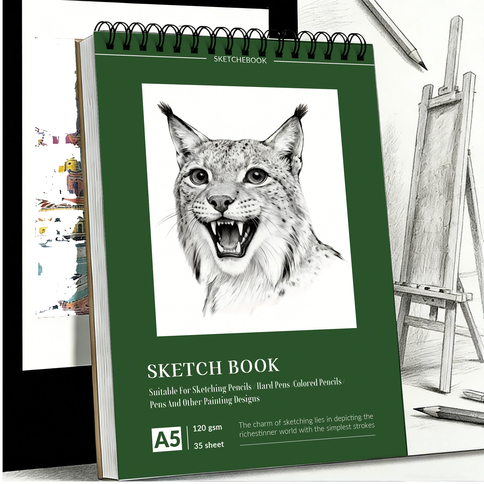 A5 Spiral-Bound Art Sketchbook, Lynx Portrait Cover Drawing Pad, 35 Sheets (120gsm) Acid-Free Paper, Ideal for Pencil, Charcoal
