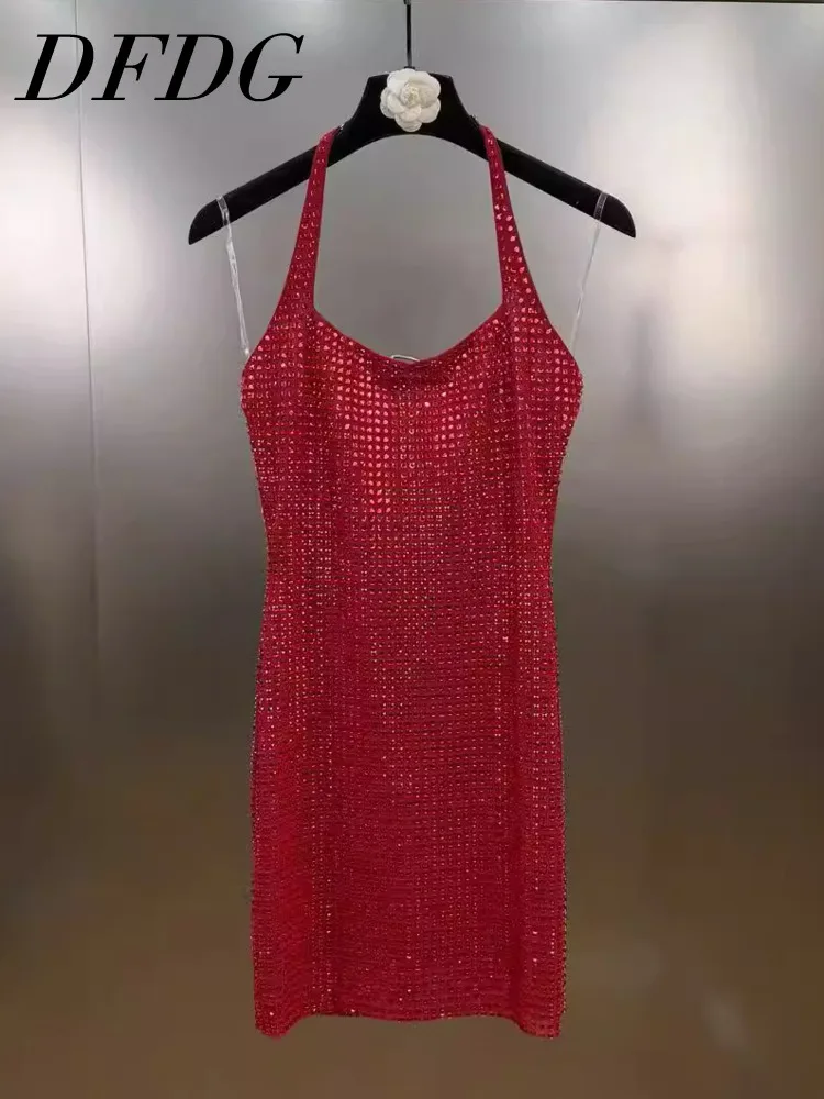 

DFDG Women's Spring Summer Red Rhinestone Halter Dress Bodycon Mini Shiny Party Clubwear 2025 Trendy Feminine Fashion Dress
