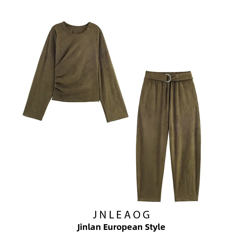 JNLEAOG Autumn New Women's Faux Leather Pleated Top And Pants High Waist Long Trousers Long Sleeve round Neck Fashion Set