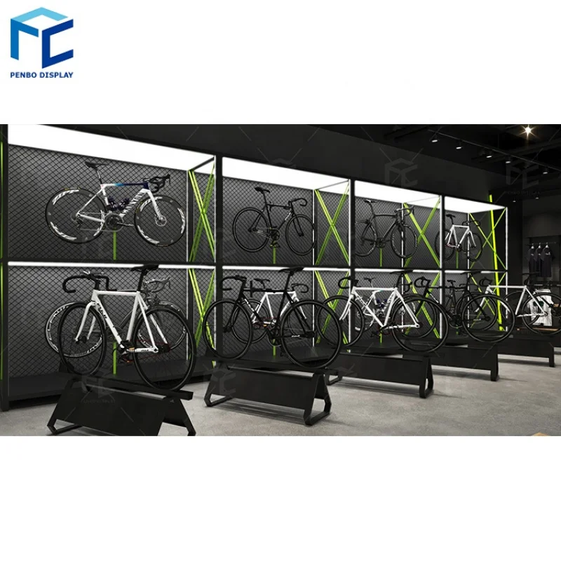 

2025customized.Bike Retail Shop Display Showcase Design Commercial Fashion Sport Clothes Bike Store Counter Decoration Sports St