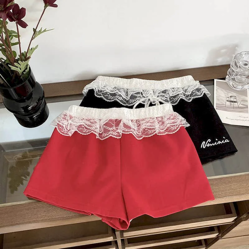 A라인 반바지 여성 캐주얼 레이스 패치워크 핫팬츠 아메리칸 스타일 스웨트팬츠 스포티 하이웨이스트 자수 여성 의류