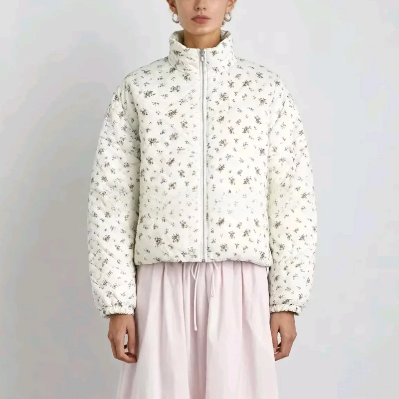 Autumn New Arrival Women's Thiened Long Sve Print Cotton Jaet Stand Collar Loose Warm Coat Commute Sle Single Button