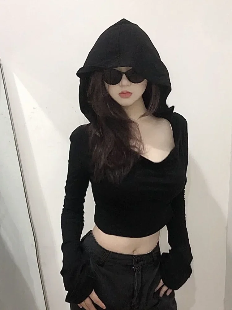 Tシャツ女性春フード付きゴシックベーシック固体ストリートクロップドホットスウィート服ファッション長袖シンプルな韓国語バージョン