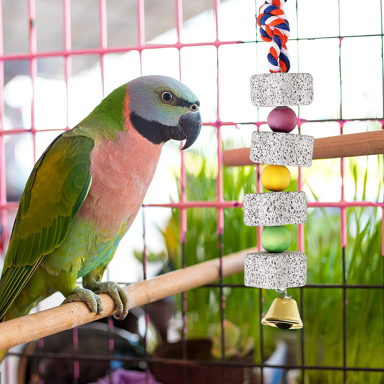 4Pcs Parrot Grinding Stones Chew Calcium Beak String Colorful Beads Bell for Cage Parakeets Conures Cockatiels