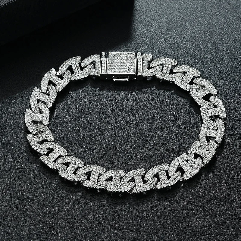Luxury white gold solid platinum PT950 Z-shaped Cuban bracelet for couples, full of diamonds trendy hip-hop hand jewelry
