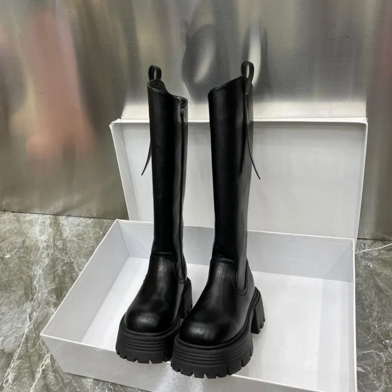 Women's 2026 Knee High Riding Boots Thick Sole Platform Boots Black Leather Chunky Heel Tall Boots for Women Trend Women's Shoes