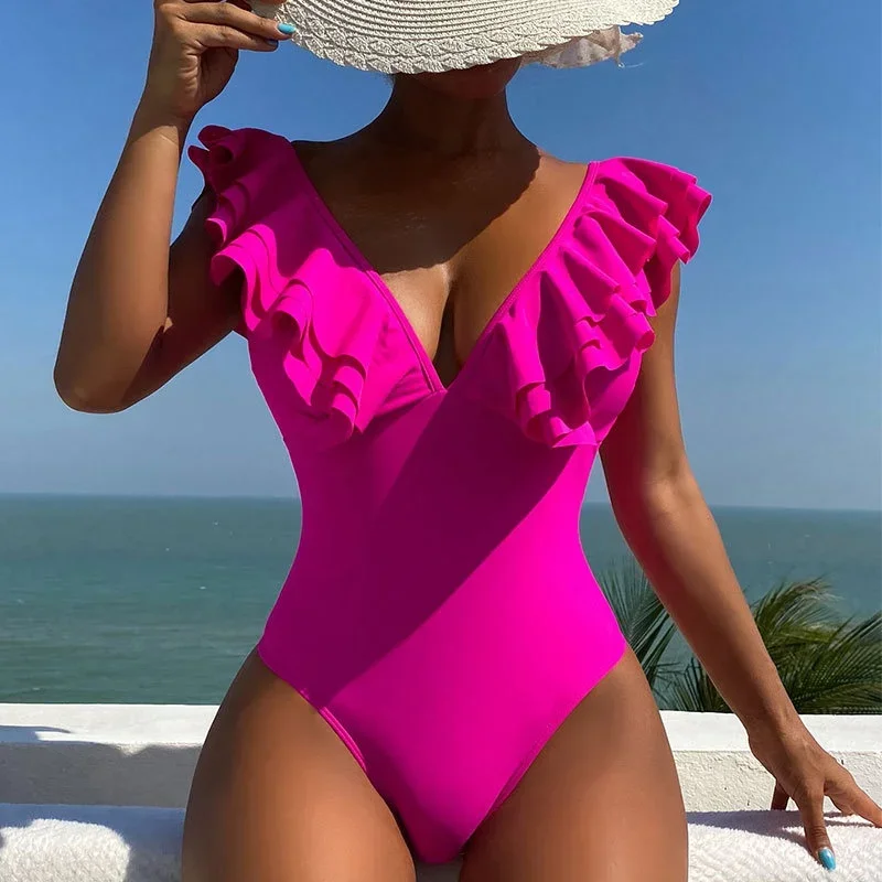 

New V neck Ruffled Bodysuits Fashion One-Piece Swimsuit Covering Belly Thin Vacation Beachwear