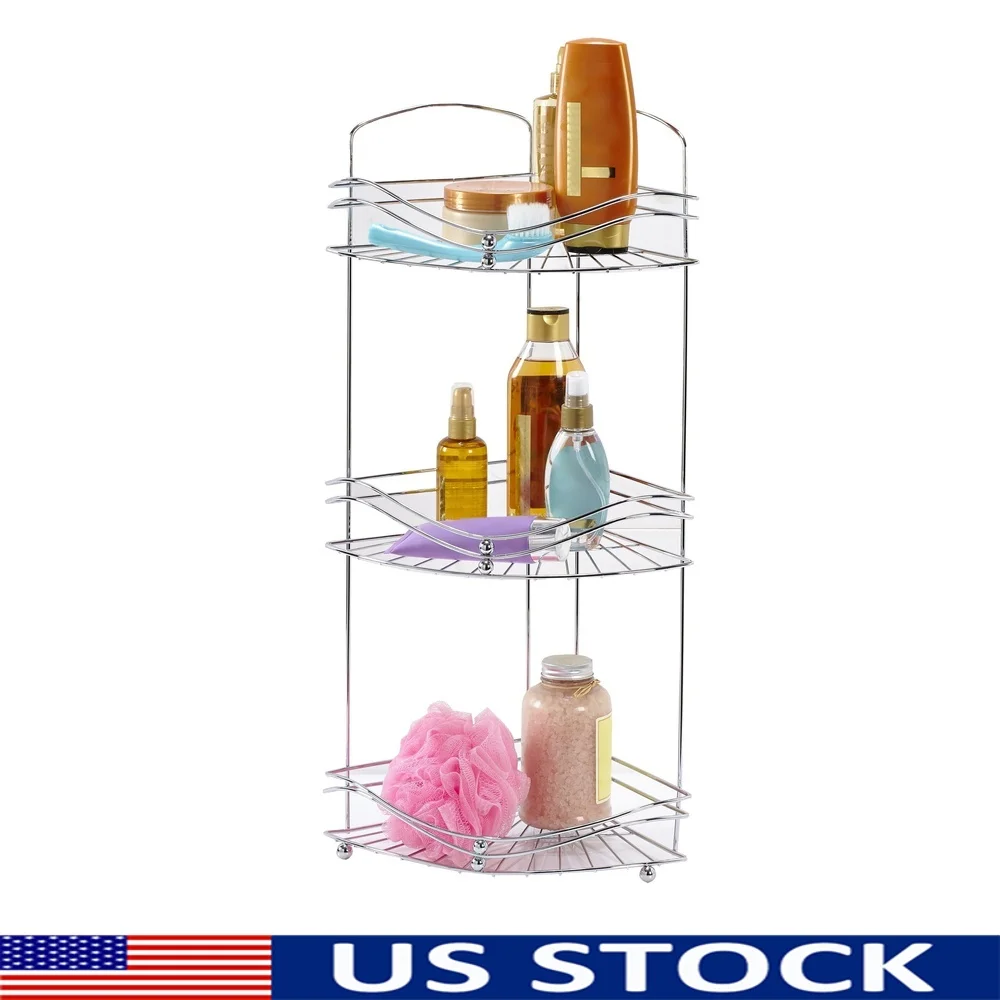 

3 Tier Corner Bath Shelf Ocean Wave Design Chrome Rust Resistant Durable Iron Sturdy Shower Organizer with Hooks Bathroom