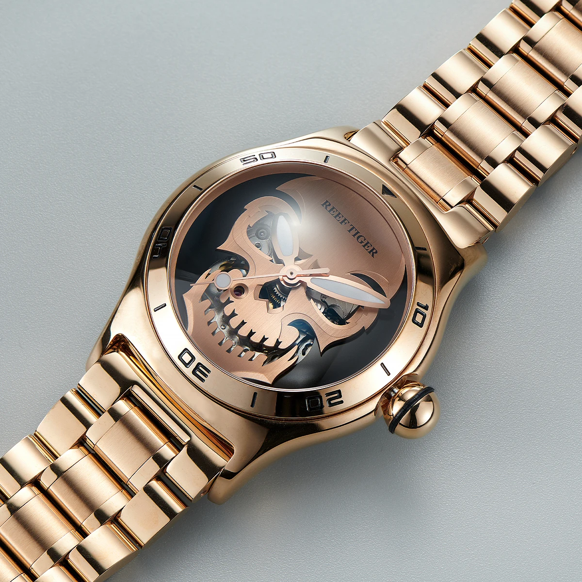 Reef Tiger Men's Automatic Skeleton Watch – Luxury Skull Design, Mechanical Movement, Luminous, Water-Resistant, Stylish