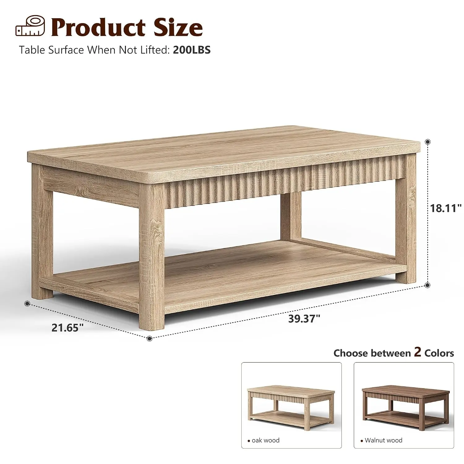 Modern Coffee Table 39 Inch 2-Tier Storage Wave-Edge Oak Living Room Bedroom Office, Customized
