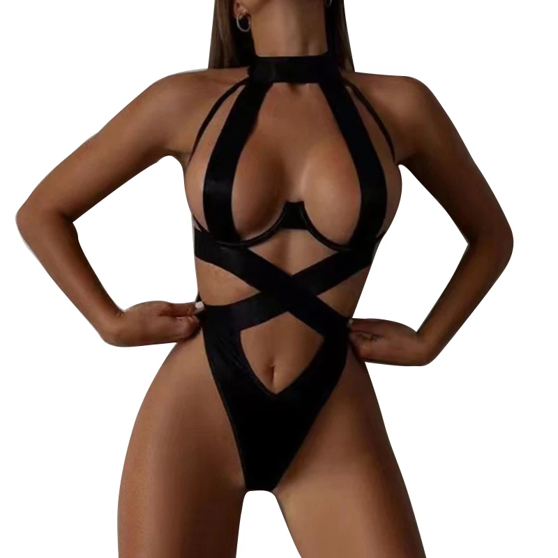 Black Halter Sexy Lingerie Women Bandage One Piece Bra Sets Erotic Costumes Teddy Baby Doll Dress Push Up Underwear Set Bodysuit