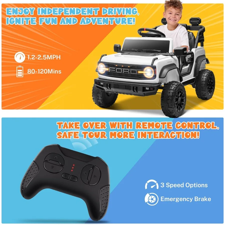 Coche eléctrico Bronco Raptor con licencia para niños, juguetes de 12 V para niños pequeños, regalos de cumpleaños de Navidad, coche para niños de 3 años