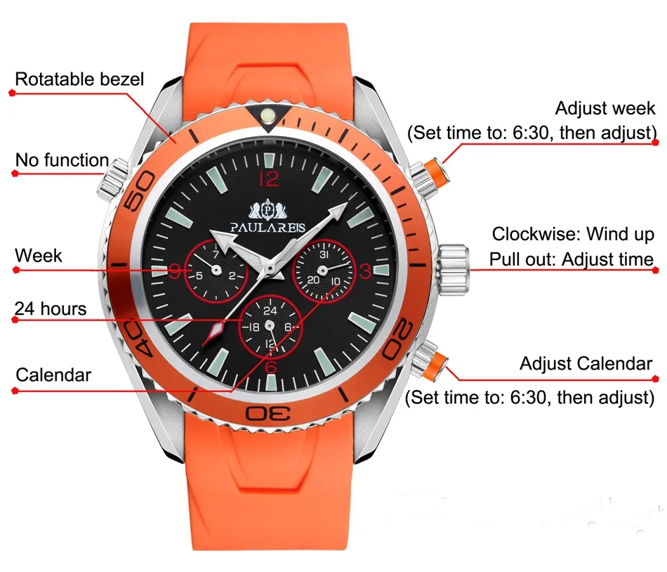 Men Automatic Self Wind Mechanical Rubber Strap Orange Blue Black Dial Rotatable Bezel Classic Watch