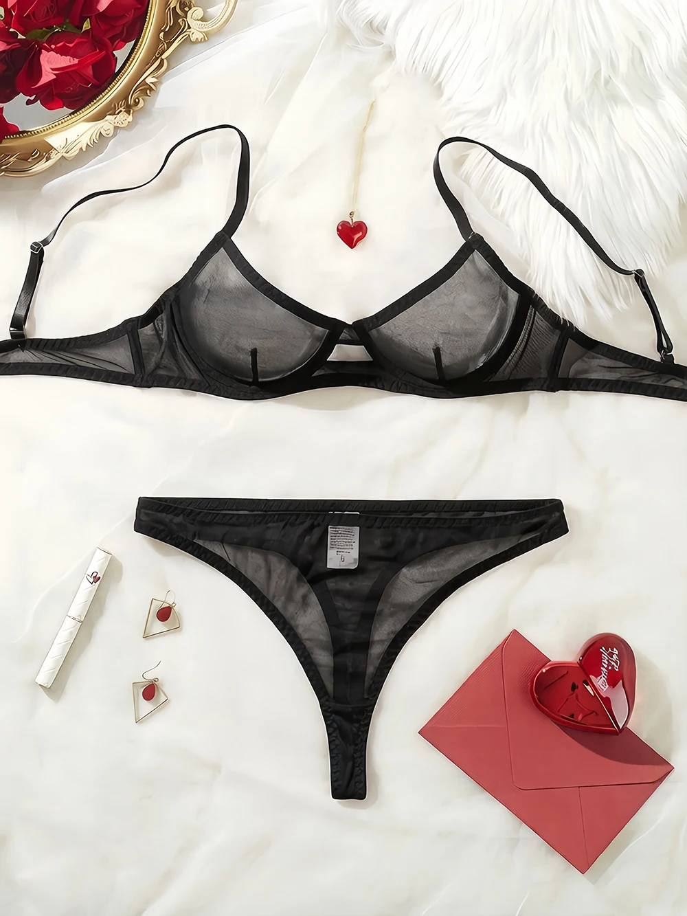 Women Sexy Mesh Lingerie Set Sheer Triangle Bralette Bra and Thong Panties Hollow Out Black Underwear Comfortable Lace Bra Set