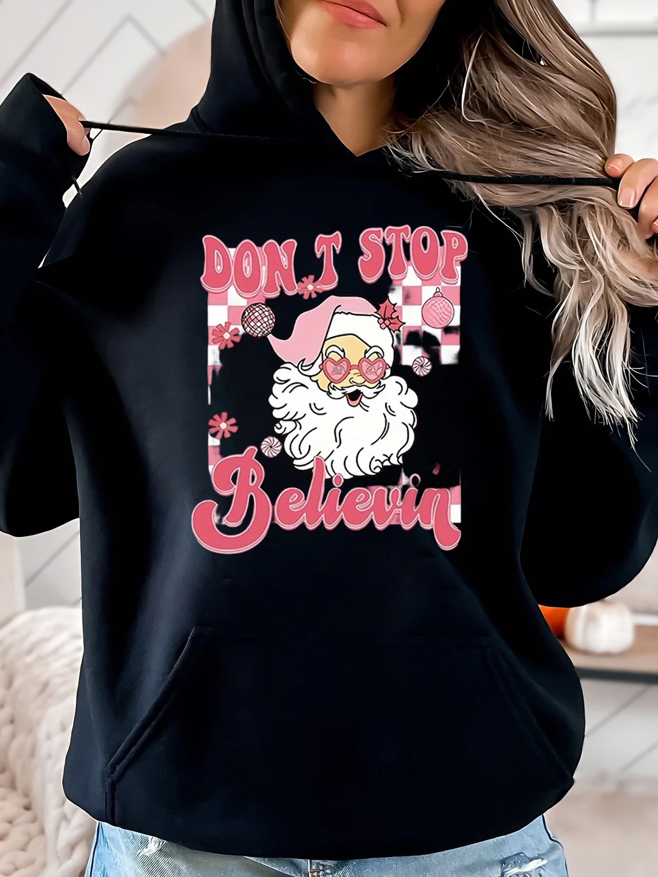 

Рождественская толстовка с капюшоном Санта-Клауса Don't Stop Believin', женский праздничный наряд, черный, больших размеров