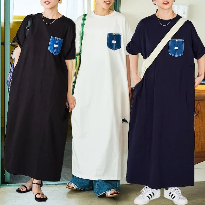 

Длинный повседневный свободный утягивающий джинсовый принт Dr Корейский Sle Commute Pure Color Cotton ort Sve round Ne Midi Dr