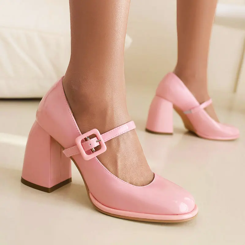 

Patent PU Leather Solid Pink White Chic Ladies Office Pumps Closed Toe Woman Shoes Spring Chunky Block High Heels Mary Janes