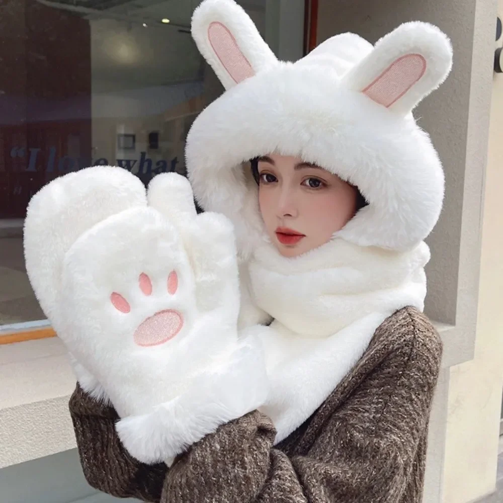 

1 Set Autumn Winter Warm Cycling Gloves Cartoon Cute Rabbit Ear Protection Hat Plush Scarf for Women Outdoor Glove Scarf Cap