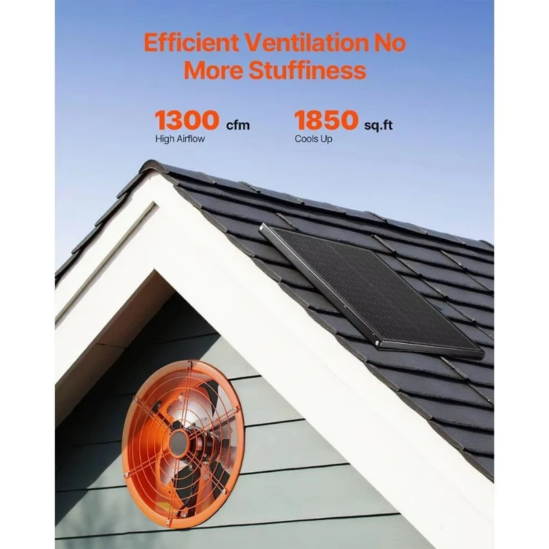 14 Inch Solar-Powered Gable Mount Attic Exhaust Fan Adjustable Thermostat Outer Mesh 1300 CFM House Ventilator Single-Speed