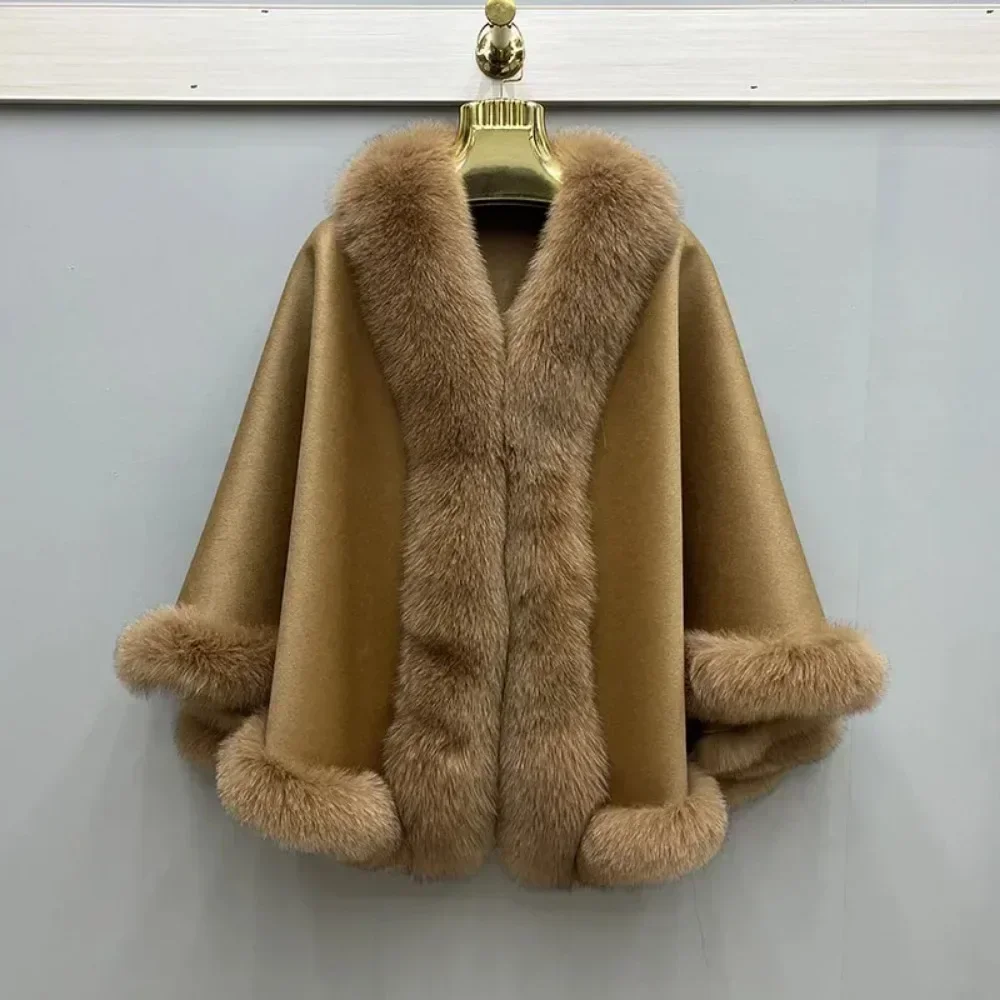 2025 New Autumn Winter Ponchos Cloak Outwear Female Coats Fashion Women Wool Warm Cardigan Shawl Jacket with Real Fox Fur Collar