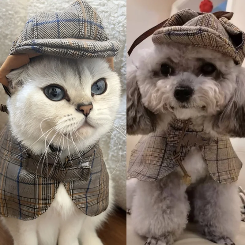 TONG Pet Sherlock Holmes cloak Detective Hat Cape set Kitty Dog Handsome and cool outfit