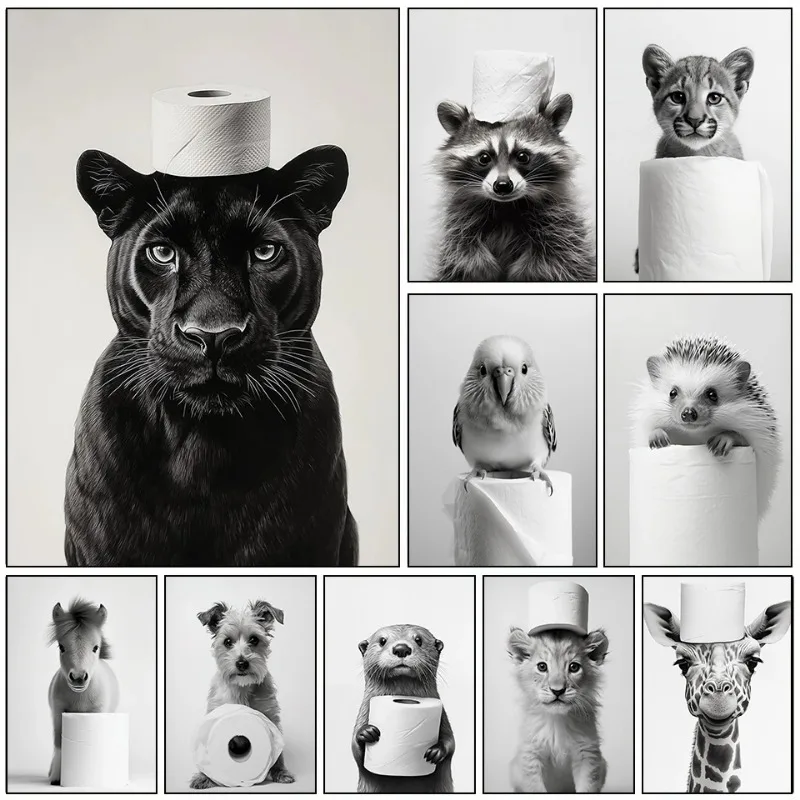 Animal Bathroom Toilet Paper Poster Otter Hedgehog Giraffe Gift Wall Room Home Decor Black White Print Modern Canvas Painting